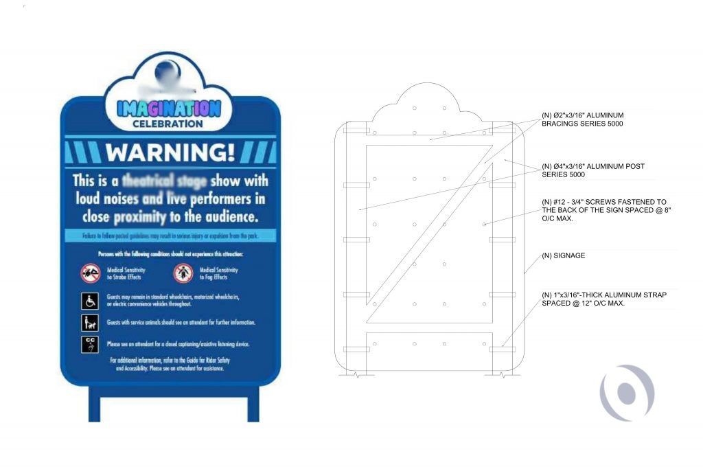 Aluminum signage structure with bracing, posts, and connection details designed for high wind conditions in Florida