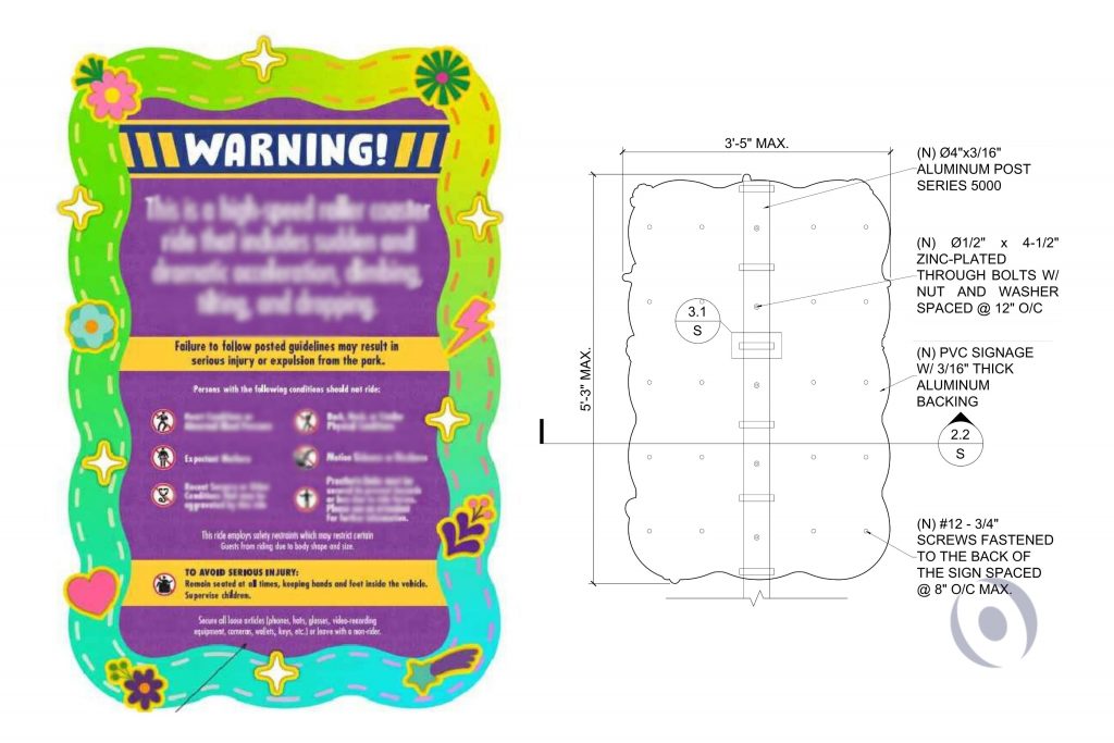 Custom warning sign with engineered mounting system and aluminum post connections for outdoor installation in Orlando Florida