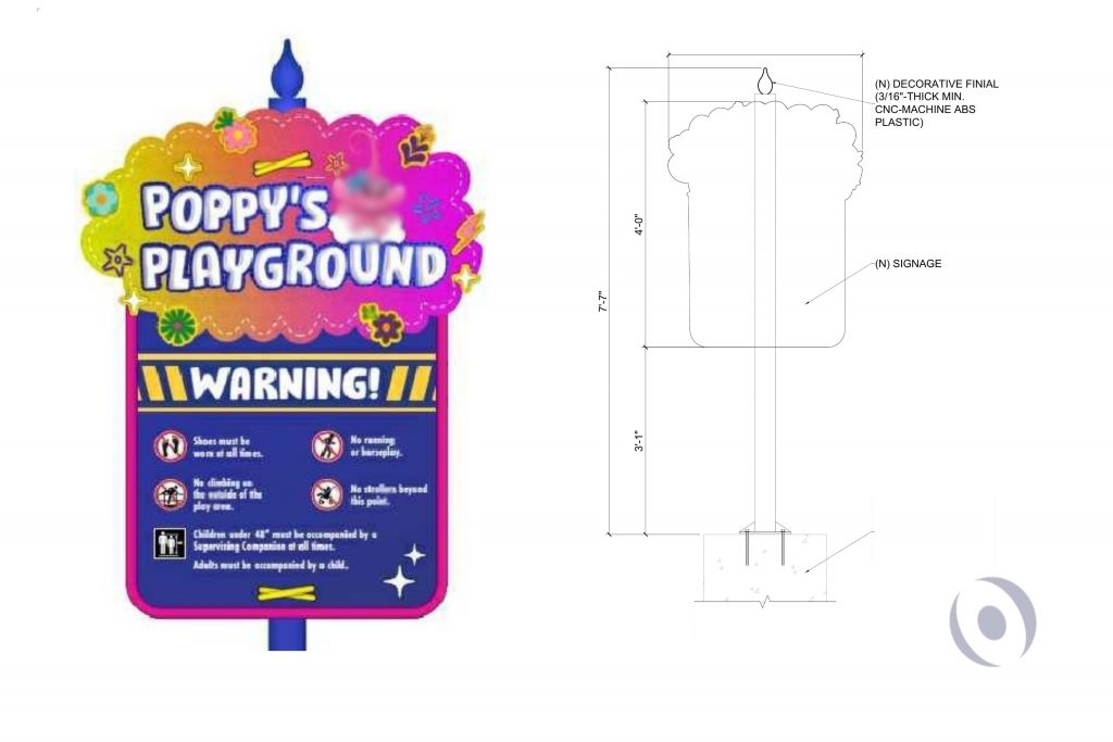 Freestanding playground signage with structural post and foundation design for theme park installation in Orlando Florida