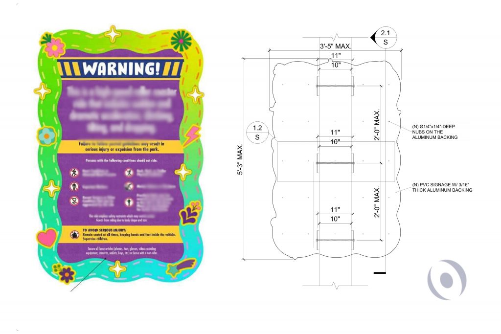 Engineered warning signage detail with aluminum backing and mounting dimensions for a theme park in Orlando Florida