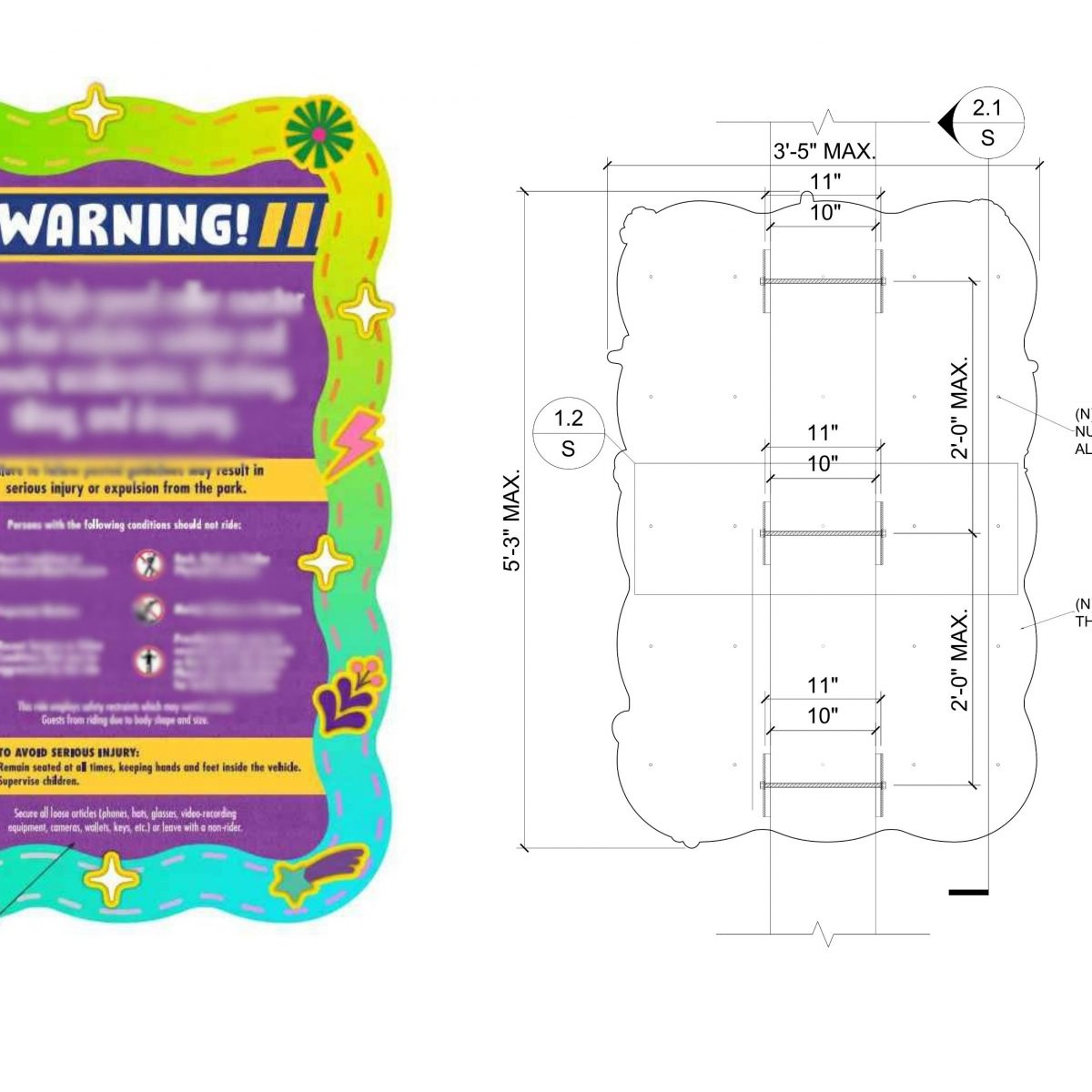 Engineered warning signage detail with aluminum backing and mounting dimensions for a theme park in Orlando Florida