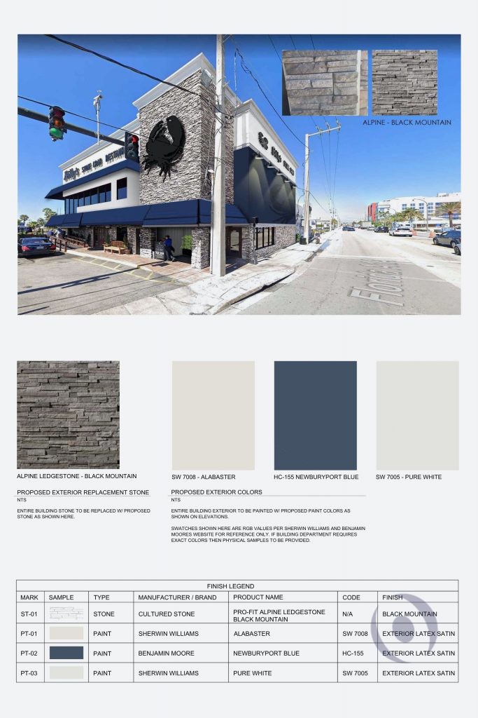 NOHMIS permit-ready architectural exterior renovation design sheet showing finished building rendering, Alpine Black Mountain stone facade selection, and proposed exterior paint colors for commercial restaurant in Hollywood, Florida