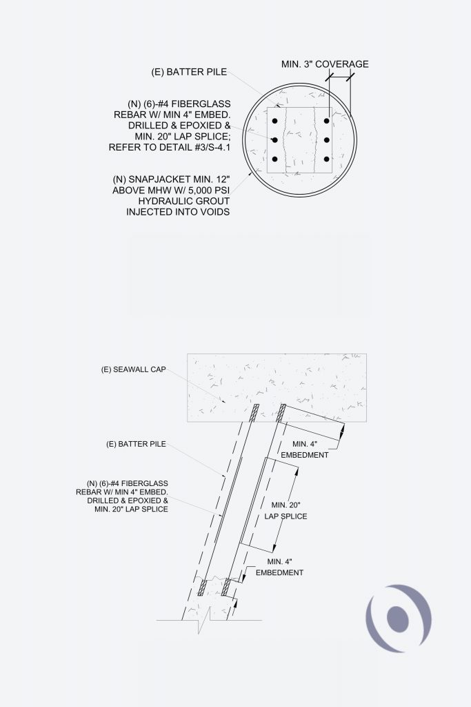 NOHMIS structural engineering detail showing snap jacket batter pile repair with fiberglass rebar, 5000 PSI hydraulic grout injection, and minimum 20-inch lap splice specification