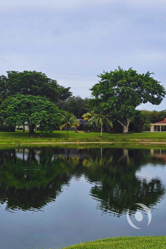 Before photo of the existing luxury residential property in Parkland, Florida showing the private pond, mature tropical landscaping, and original single-story residence prior to the two-story addition and full interior renovation designed and engineered by NOHMIS