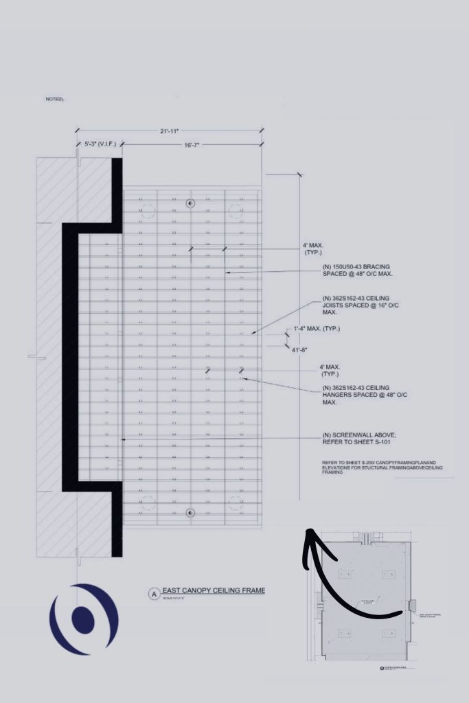 East canopy ceiling framing plan showing cold-formed steel joists at 16" on center — commercial structural ceiling framing design by NOHMIS, South Florida