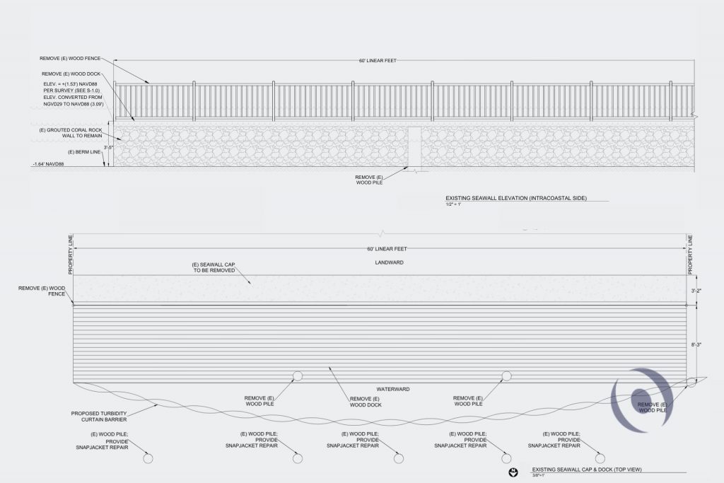 Existing coral rock seawall elevation and top view drawings showing deteriorated cap and wood dock removal along Miami Beach canal — NOHMIS structural engineering
