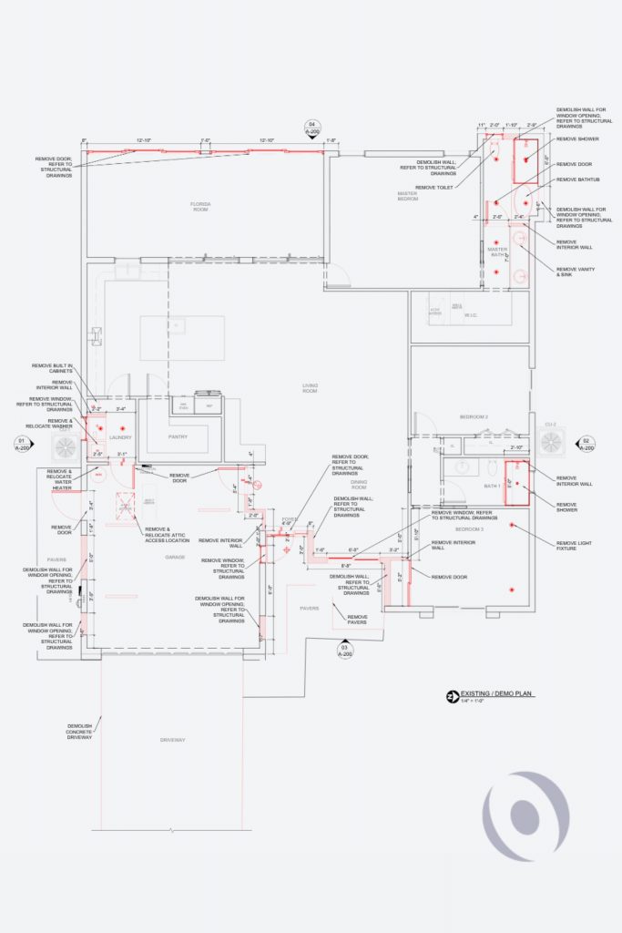 Signed and sealed existing conditions and demolition plan showing walls, windows, doors, bathrooms, and driveway scheduled for removal prior to garage conversion and full interior renovation of a Boca Raton single-family residence designed by NOHMIS