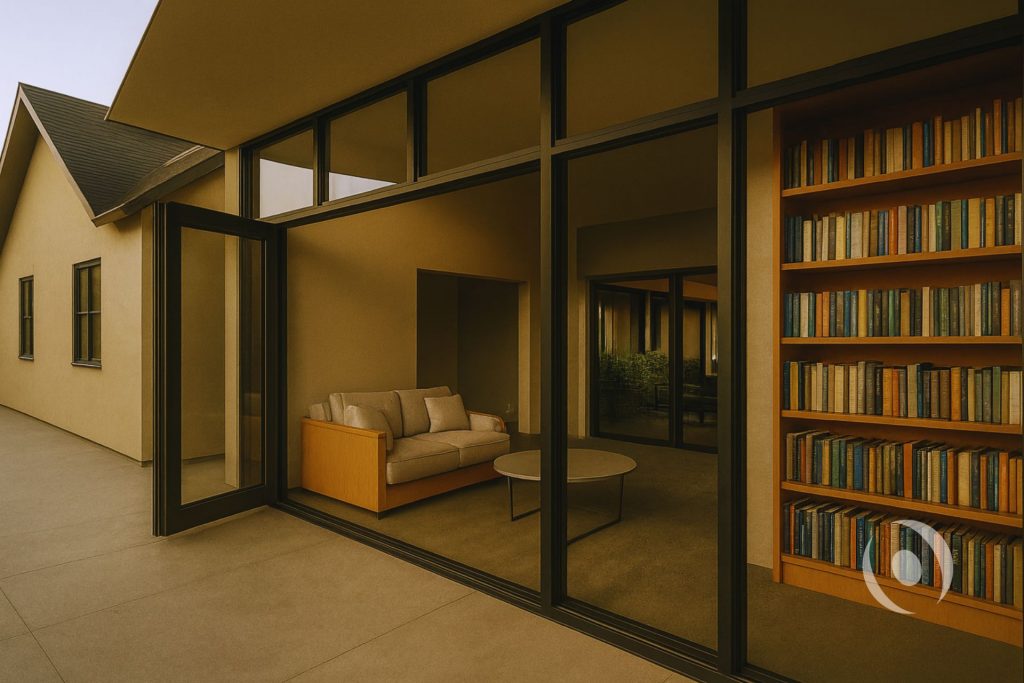 3D architectural render of the luxury Florida room viewed from the outdoor terrace at NOHMIS-designed residential addition in Parkland, Florida, showing floor-to-ceiling black aluminum impact glass curtain wall system, built-in wood bookshelf, and indoor-outdoor connection to the covered terrace