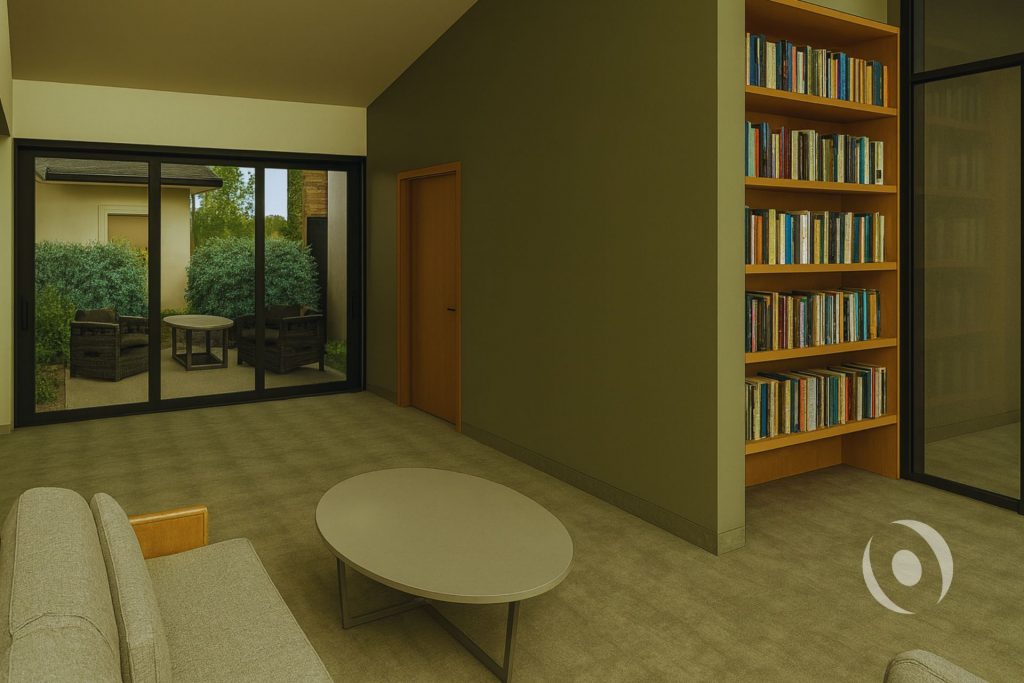 3D architectural render of the luxury Florida room interior designed by NOHMIS in Parkland, Florida, featuring a full-height built-in wood bookshelf, impact sliding glass doors opening to the private courtyard with outdoor seating, vaulted ceiling, and natural light throughout