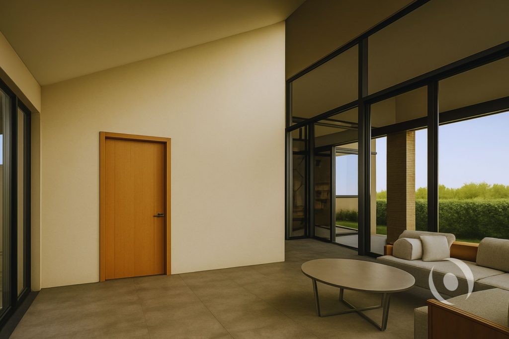 3D architectural render of the luxury Florida room interior designed by NOHMIS in Parkland, Florida, featuring a soaring vaulted ceiling, full-height black aluminum impact glass curtain wall with views to the lush tropical garden, neutral palette, and contemporary furniture layout