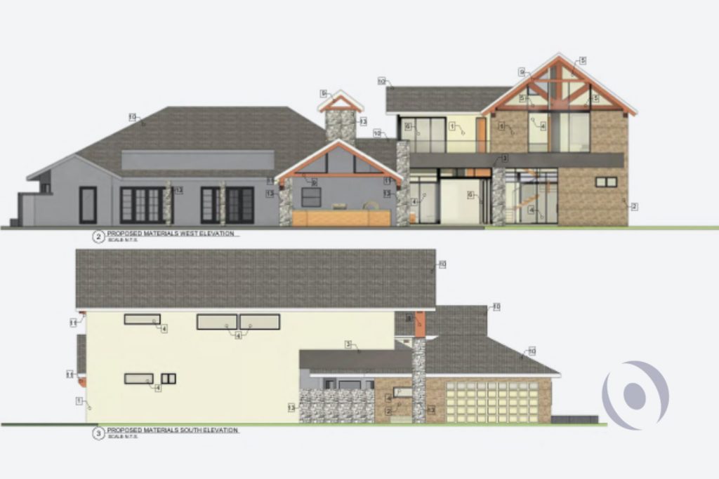 Proposed materials west and south elevation drawings for a luxury two-story residential addition in Parkland, Florida, designed by NOHMIS showing brick veneer, stone veneer, exposed wood beams, and charcoal gray flat tile roof across all facades