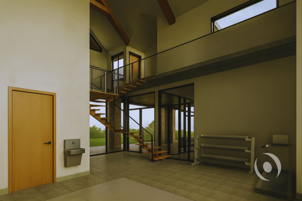 3D architectural render of the luxury dedicated home gym designed by NOHMIS in Parkland, Florida, featuring an open wood-tread staircase with glass panel railing connecting to the second floor, exposed Brazilian Teak roof beams, clerestory windows, floor-to-ceiling impact glass curtain wall, and a wall-mounted drinking fountain
