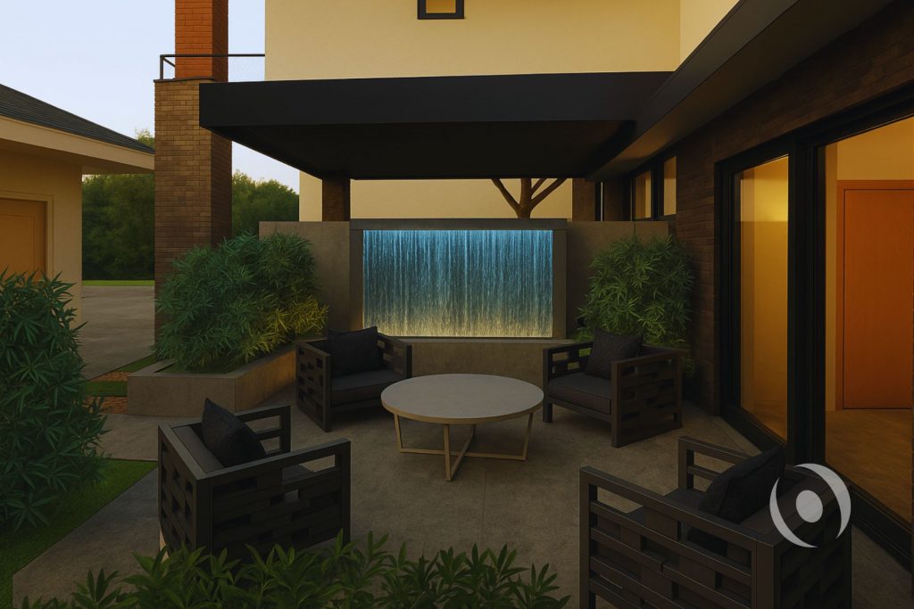 3D architectural render of the luxury outdoor courtyard designed by NOHMIS in Parkland, Florida, featuring an illuminated custom waterfall fountain feature wall, black steel pergola shade structure, brick columns, outdoor lounge seating, and lush tropical landscaping at dusk