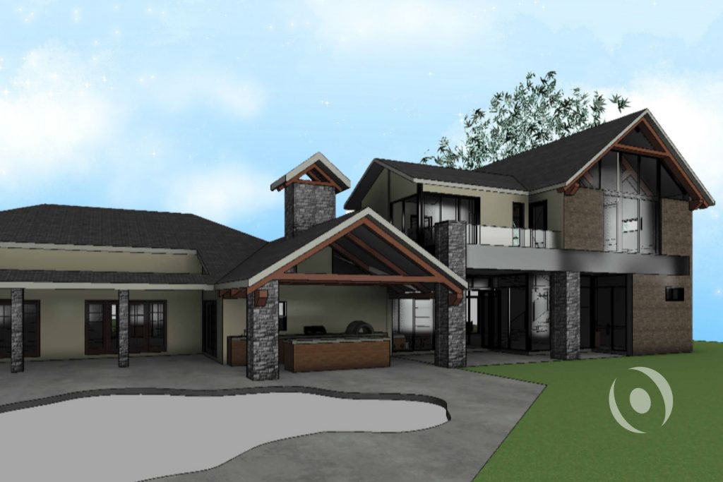 3D architectural render of luxury outdoor living area designed by NOHMIS in Parkland, Florida, showing a covered port cochere with exposed wood trusses and stone columns, outdoor kitchen, second-floor balcony with glass railing, and new pool