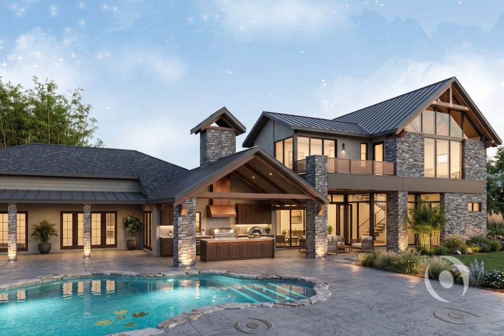 3D architectural render of luxury outdoor living area designed by NOHMIS in Parkland, Florida, showing a covered port cochere with exposed wood trusses and stone columns, outdoor kitchen, second-floor balcony with glass railing, and new pool