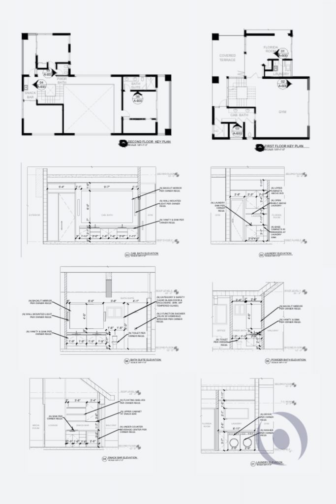 Architectural interior elevation drawings and floor key plans for a luxury residential addition in Parkland, Florida by NOHMIS, showing dimensioned layouts for the cabana bath, bath suite, powder bath, snack bar, and laundry room on both the first and second floors