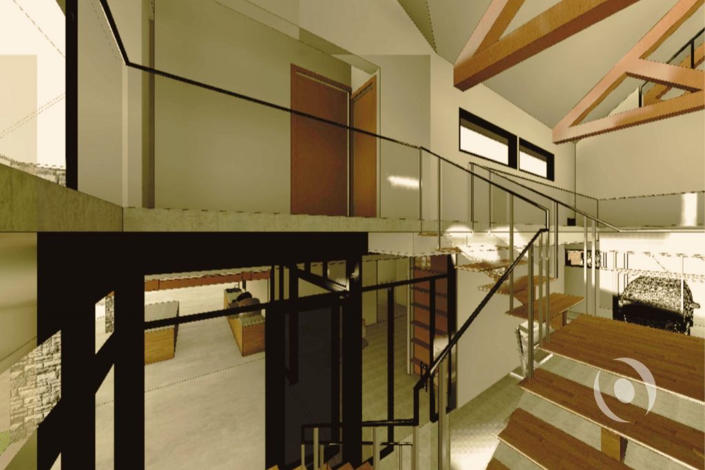 3D interior architectural render of a luxury residential open staircase designed by NOHMIS in Parkland, Florida, featuring wood treads, glass panel railing, exposed Brazilian Teak roof trusses, and a double-height volume connecting the first and second floors