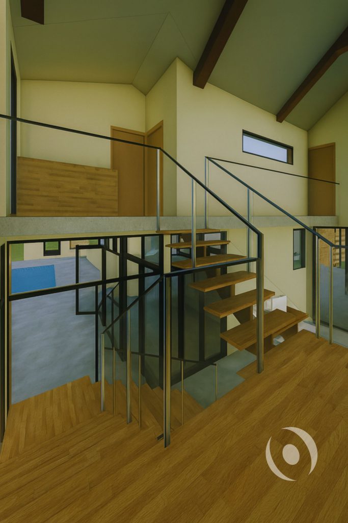 3D architectural render of the luxury open staircase viewed from the second floor landing designed by NOHMIS in Parkland, Florida, featuring wood treads, glass and steel railing, exposed Brazilian Teak roof beams, hardwood flooring, and a view of the new pool through the impact glass windows below