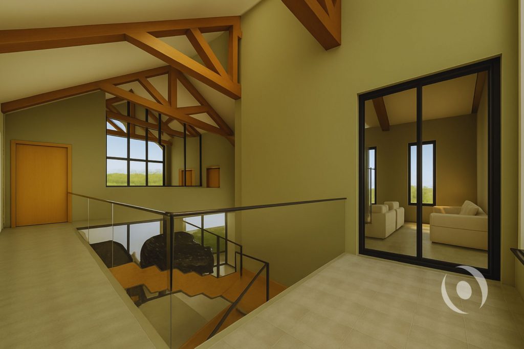 3D architectural render of the luxury second floor hallway and open landing designed by NOHMIS in Parkland, Florida, featuring glass panel railings overlooking the staircase below, exposed Brazilian Teak king post roof trusses, clerestory windows, and a view into the adjacent media room through full-height glass sliding doors