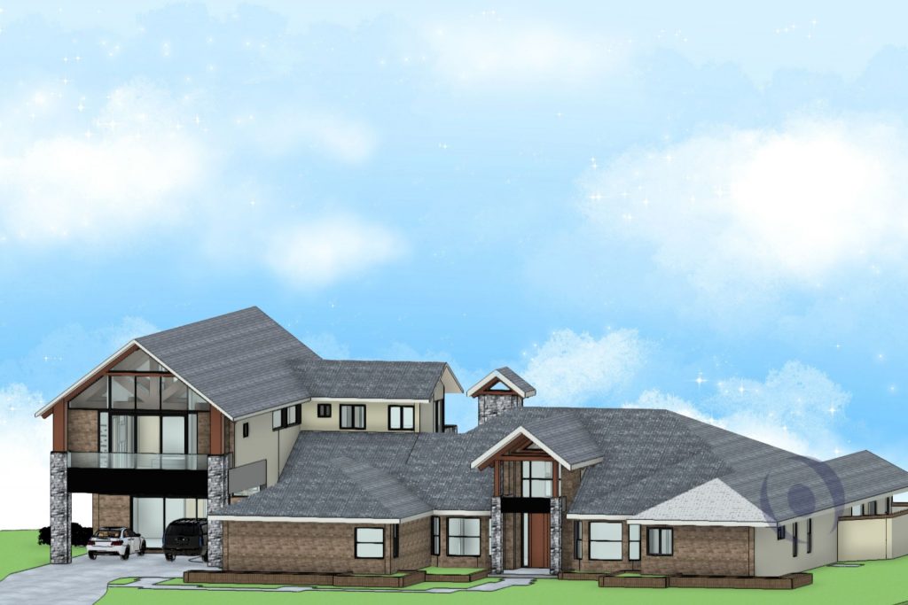 3D architectural render of a luxury two-story home addition in Parkland, Florida designed by NOHMIS, featuring stone columns, exposed Brazilian Teak beams, large impact glass windows, brick veneer cladding, and a charcoal gray flat tile roof