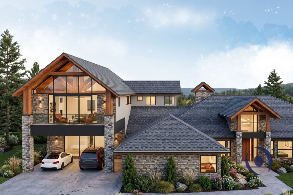3D architectural render of a luxury two-story home addition in Parkland, Florida designed by NOHMIS, featuring stone columns, exposed Brazilian Teak beams, large impact glass windows, brick veneer cladding, and a charcoal gray flat tile roof