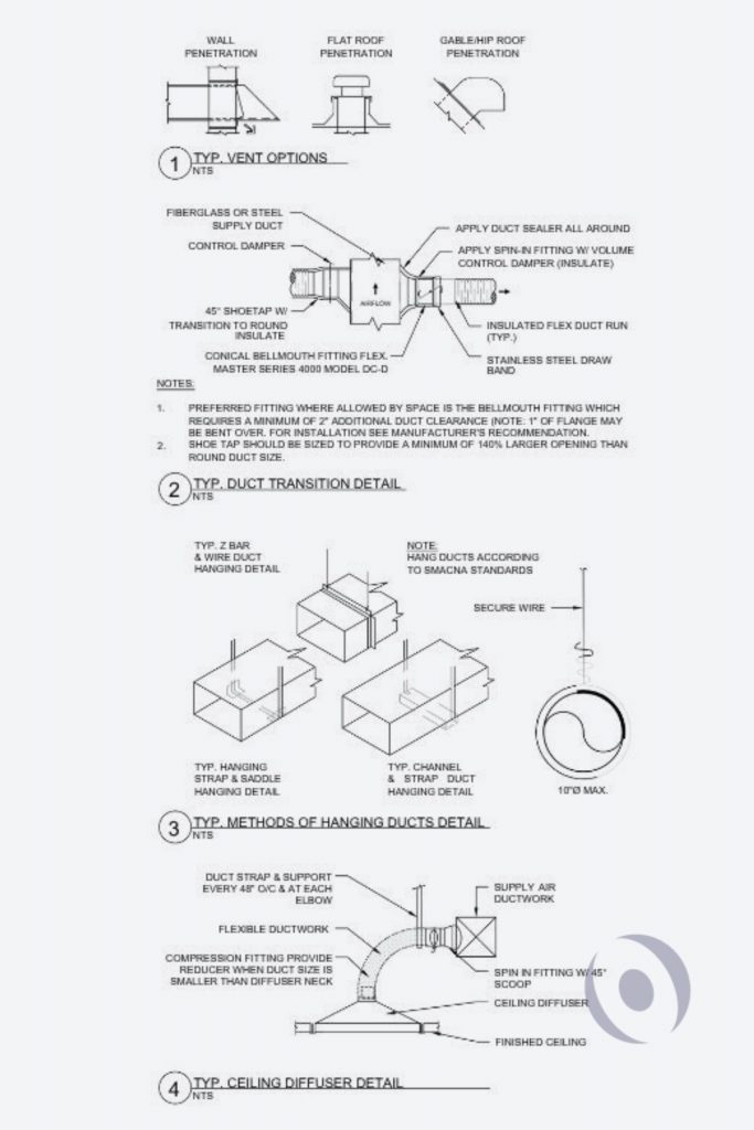 Signed and sealed mechanical engineering plan details showing duct transition, methods of hanging ducts, and ceiling diffuser installation specifications for a South Florida residential renovation designed by NOHMIS