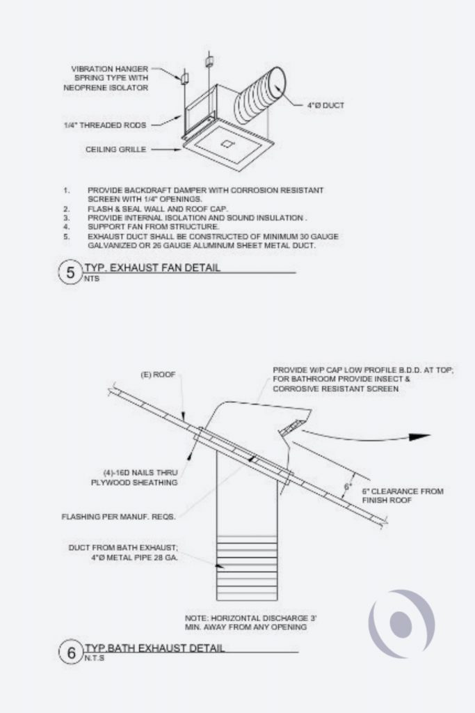 Signed and sealed mechanical engineering details showing exhaust fan installation and bath exhaust roof penetration specifications for a permitted residential renovation in South Florida by NOHMIS