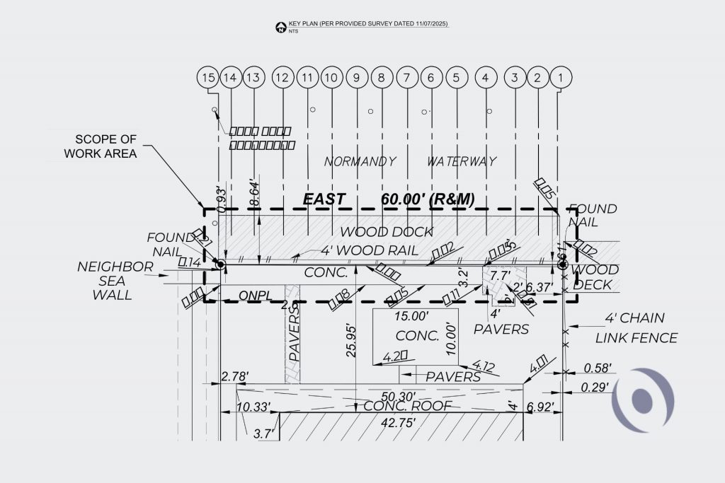 Key plan survey showing 60-foot seawall replacement scope along Normandy Waterway, Miami Beach — structural engineering by NOHMIS