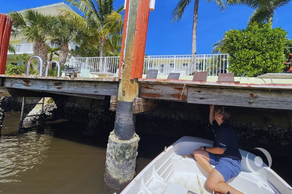 NOHMIS structural engineer conducting a field inspection from a boat, assessing deteriorated wood dock framing and a marine-growth-covered timber pile at a South Florida waterfront property