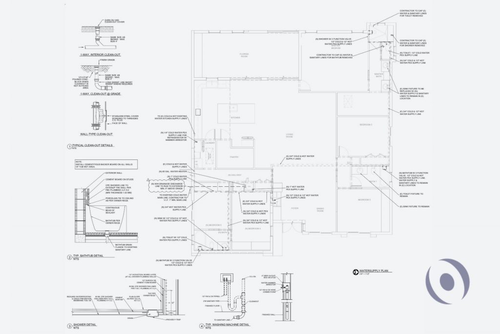 Signed and sealed plumbing engineering water supply plan showing full PEX redesign, new 65-gallon water heater, bathtub and shower details, and cleanout specifications for a residential renovation in Boca Raton, Florida designed by NOHMIS