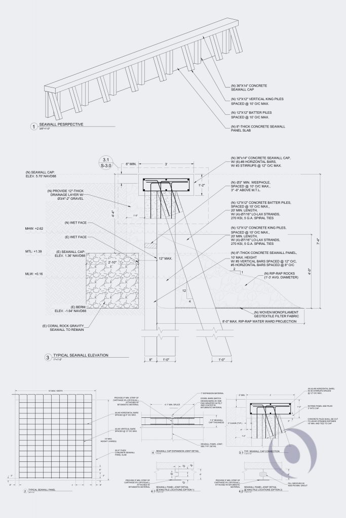 Permit-ready precast concrete seawall structural design drawings showing king piles, batter piles, seawall cap, and rip-rap toe protection — NOHMIS engineering, Miami Beach DERM-compliant replacement