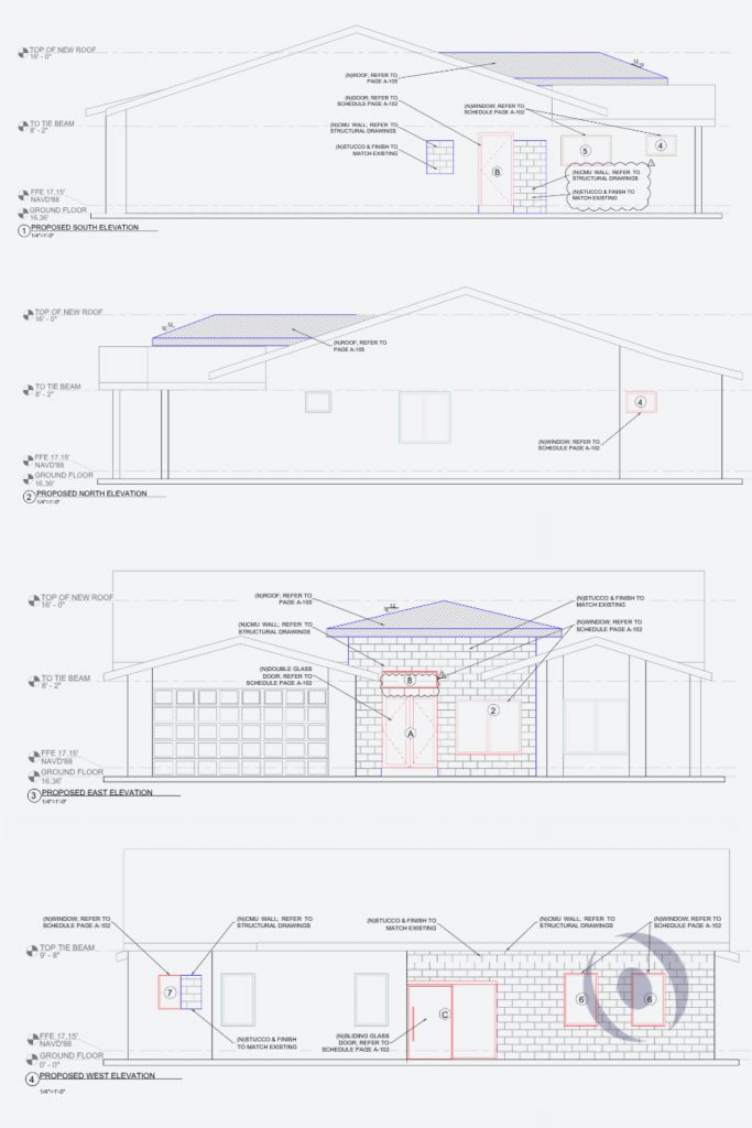 Signed and sealed proposed architectural elevation drawings showing all four sides of a Boca Raton single-family home after residential addition, garage conversion, new CMU walls, impact windows, and double glass door entry designed by NOHMIS