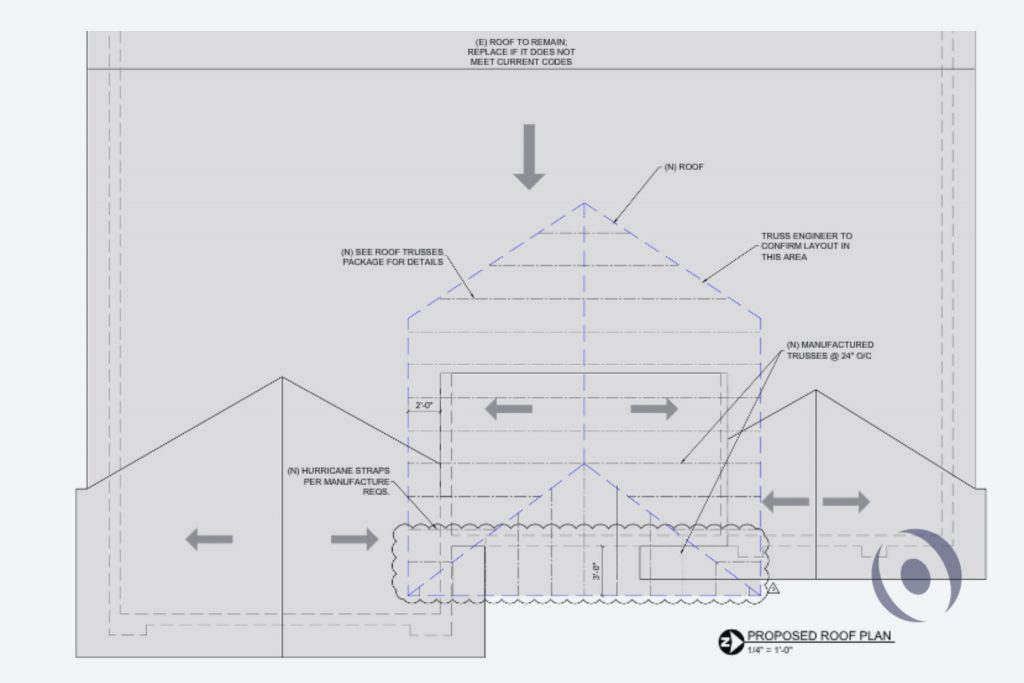 Signed and sealed proposed roof plan showing new manufactured trusses at 24 inches on center, new hip roof addition, and hurricane strap requirements for a permitted residential addition in Boca Raton, Florida engineered by NOHMIS
