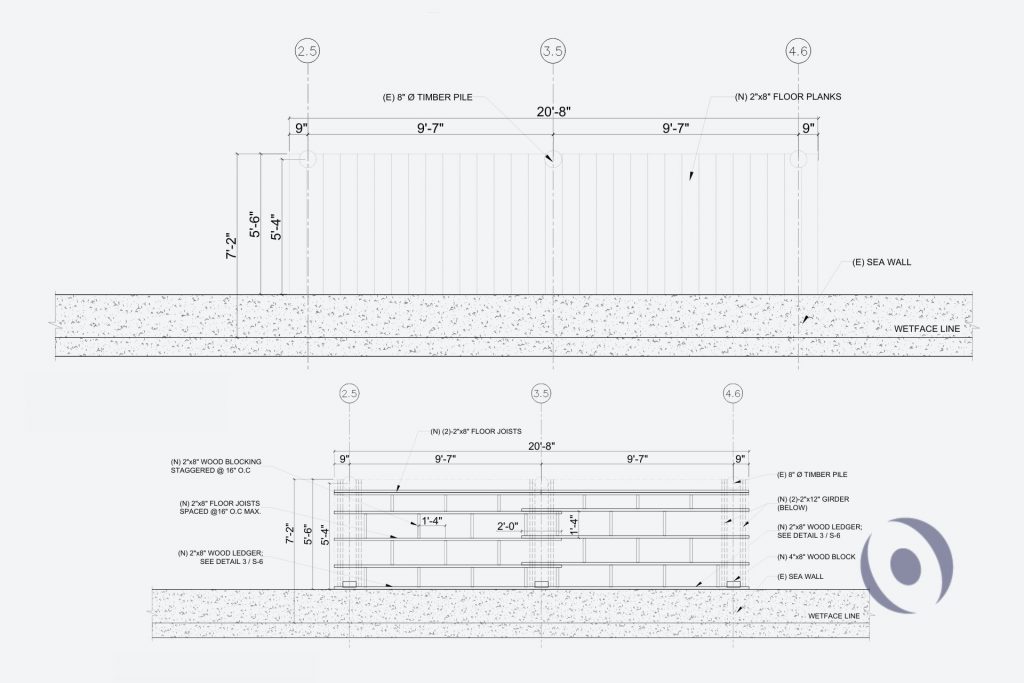 NOHMIS structural engineering drawing showing proposed wood dock plan and floor framing layout, featuring existing 8-inch timber piles, doubled 2x12 girder beams, and 2x8 floor joists at 16 inches on center for a Boynton Beach waterfront property