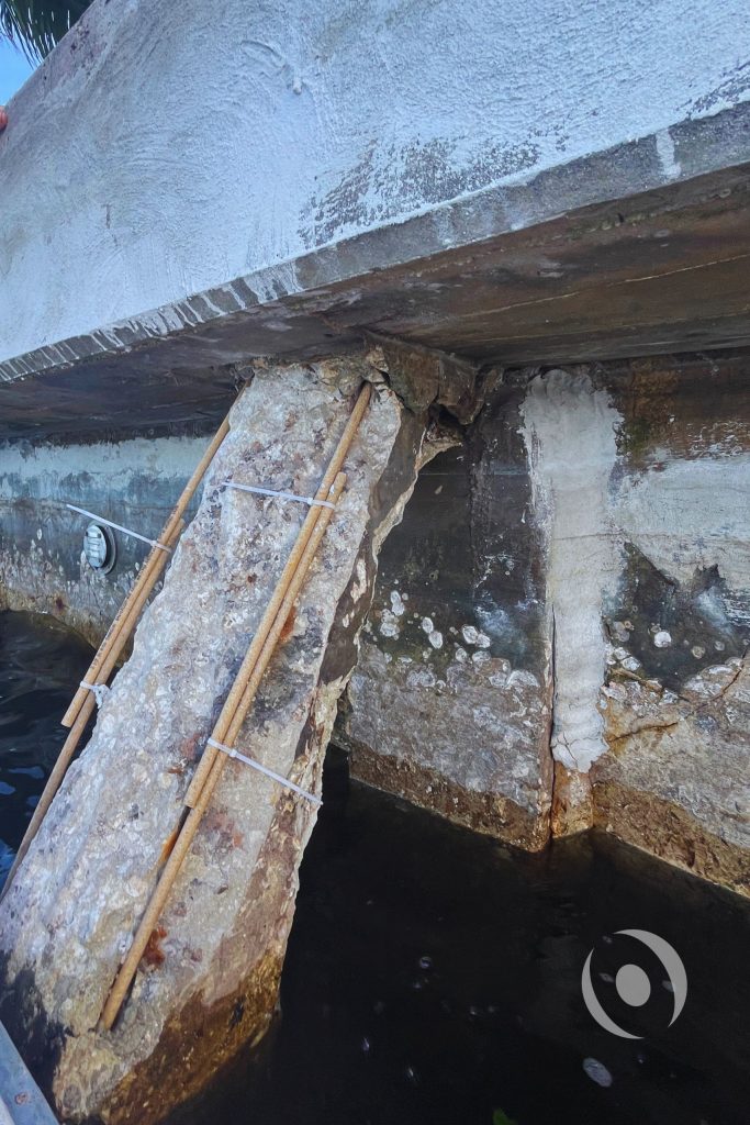 Close-up of a failed seawall batter pile with exposed rebar bundles, major concrete spalling, and structural separation at the seawall cap connection in South Florida