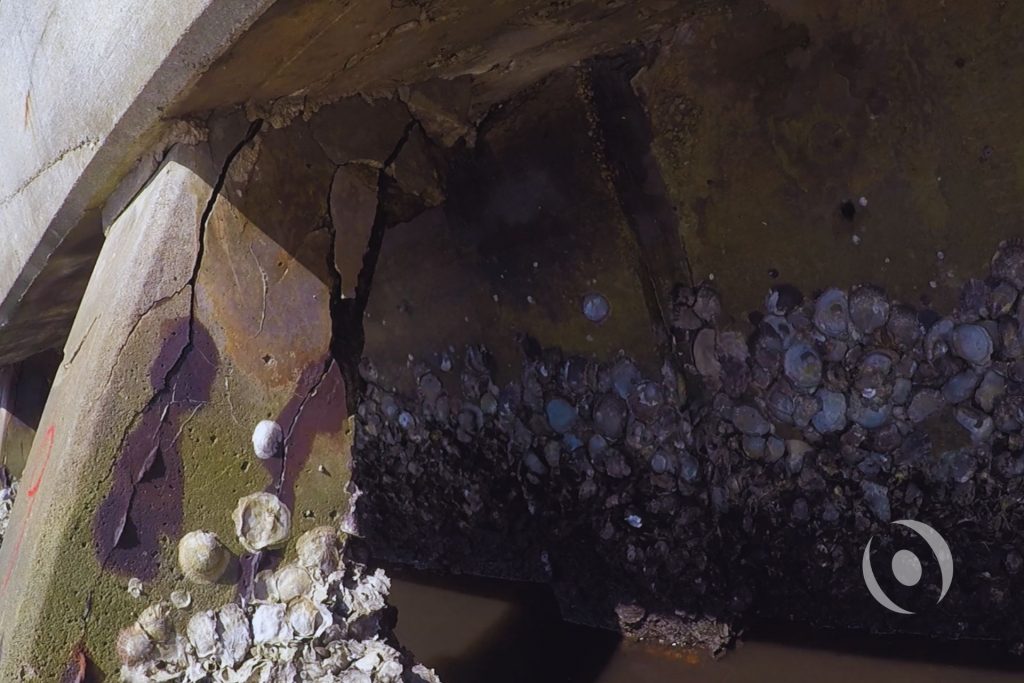 Underwater view of seawall precast panel showing severe concrete cracking, full structural separation, and marine growth indicating advanced deterioration requiring engineered repair in South Florida