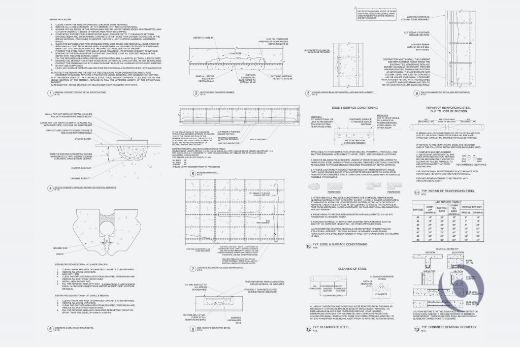 NOHMIS signed structural engineering drawing sheet showing concrete repair detail specifications including edge and surface conditioning, cleaning of steel, reinforcing steel repair due to loss of section, and concrete removal geometry for commercial building restoration in Broward County, Florida