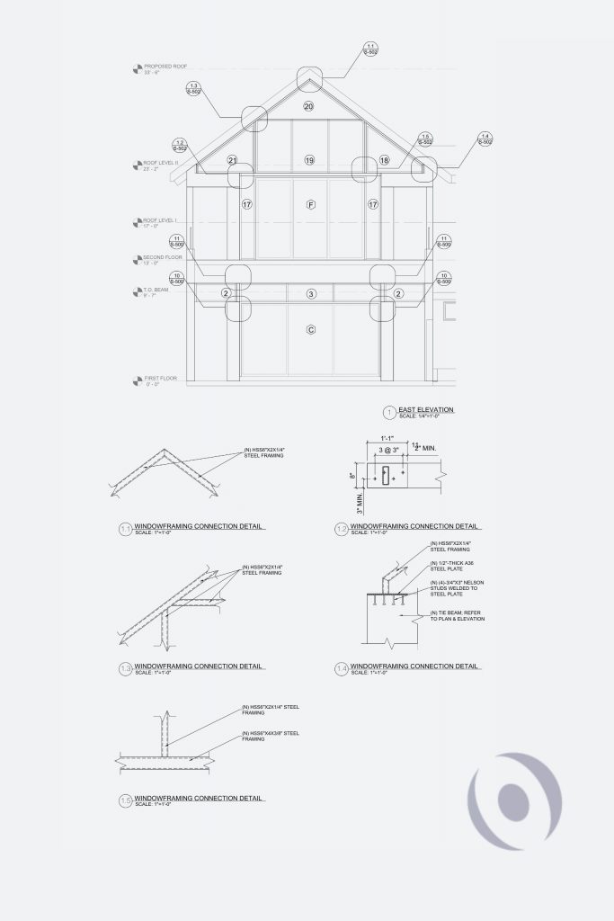 Structural east elevation drawing and HSS steel window framing connection details for a luxury two-story residential addition in Parkland, Florida by NOHMIS, showing second floor framing levels, tie beam heights, and five detailed steel connection diagrams including HSS 6x2x1/4 and HSS 8x4x3/8 steel framing with Nelson stud and A36 steel plate connections