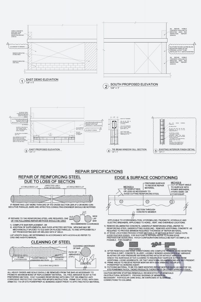NOHMIS signed and sealed structural engineering drawings showing East and South elevation repairs, tie beam window sill section details, and repair specifications for reinforcing steel and edge conditioning, Hollywood, Florida