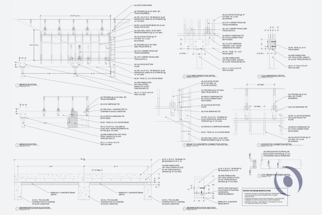 Signed and sealed structural engineering detail sheets showing beam elevations, column connection details, column saddle details, beam-to-concrete connections, wood stud connections, tie beam modification, and 3-ply beam fastener specifications for a residential addition in Boca Raton, Florida engineered by NOHMIS