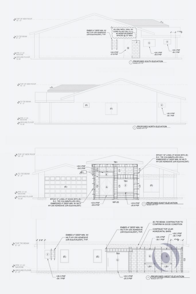 Signed and sealed structural engineering elevation drawings with wind pressure calculations for a Boca Raton residential addition, designed for 170 MPH ultimate wind speed under the 2023 Florida Building Code by NOHMIS