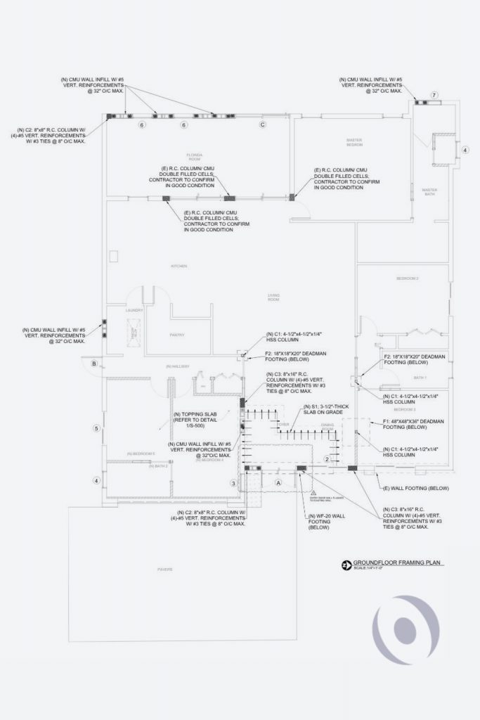 Signed and sealed structural engineering ground floor framing plan showing new CMU walls, reinforced concrete columns, HSS steel columns, deadman footings, and structural topping slab for a garage conversion and residential addition in Boca Raton, Florida designed by NOHMIS