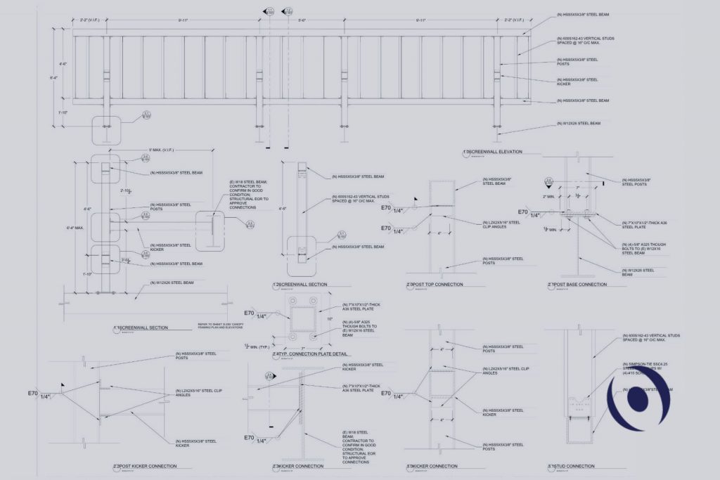 Signed and sealed structural engineering drawings showing screen wall elevation, HSS steel post connections, and kicker details — NOHMIS structural engineer Broward County