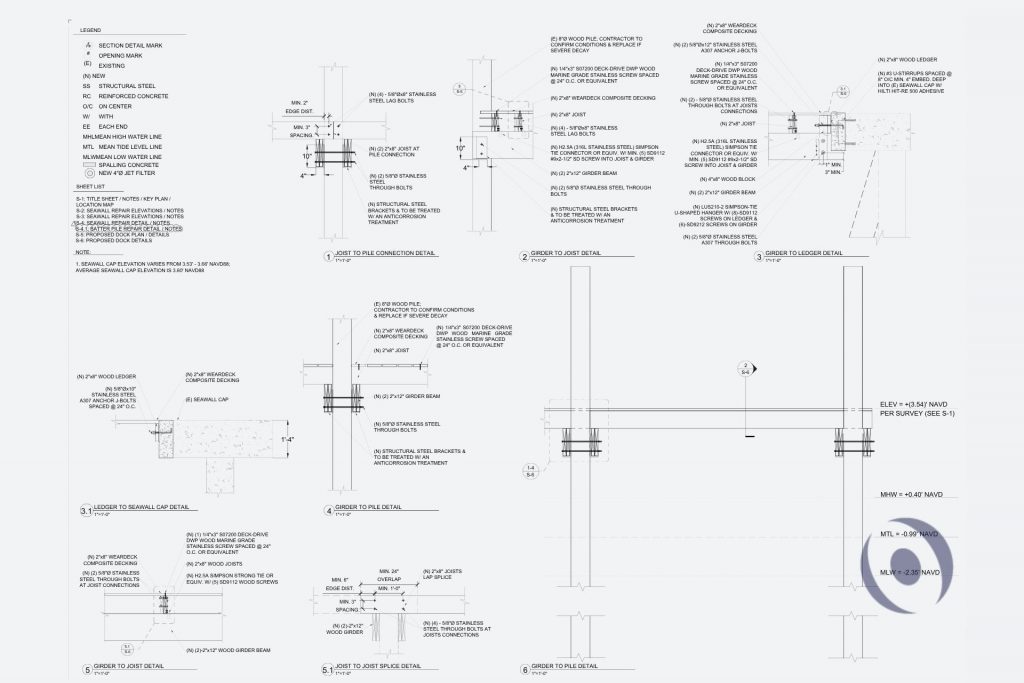NOHMIS permit-ready structural engineering drawings showing wood dock connection details including joist to pile, girder to ledger, and ledger to seawall cap connections with stainless steel hardware specifications