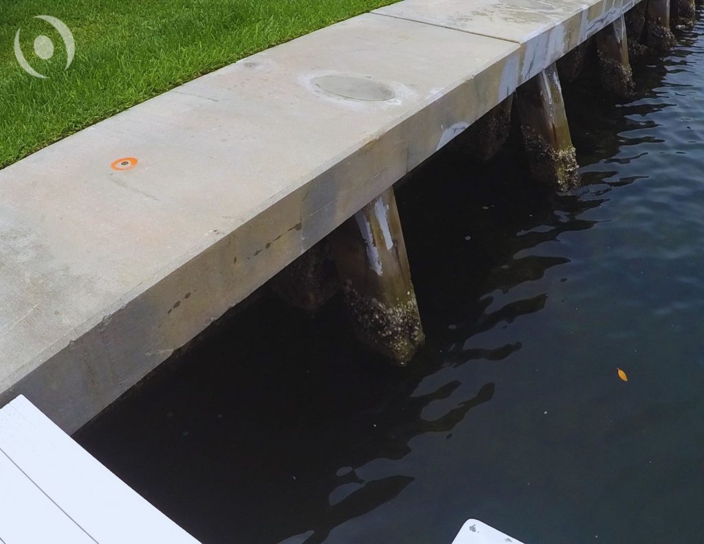 Engineer performing detailed seawall crack measurement as part of NOHMIS structural assessment in South Florida