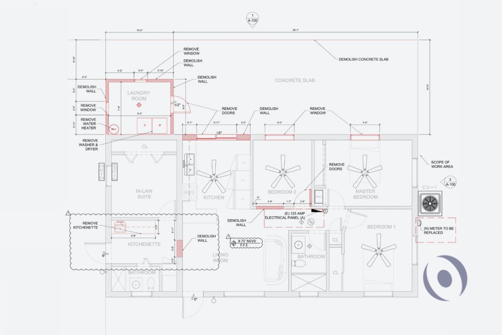 Architectural demolition floor plan for residential home addition in Miami Gardens showing existing wall removals, window and door demolition scope, electrical panel location, and new addition footprint designed by NOHMIS South Florida