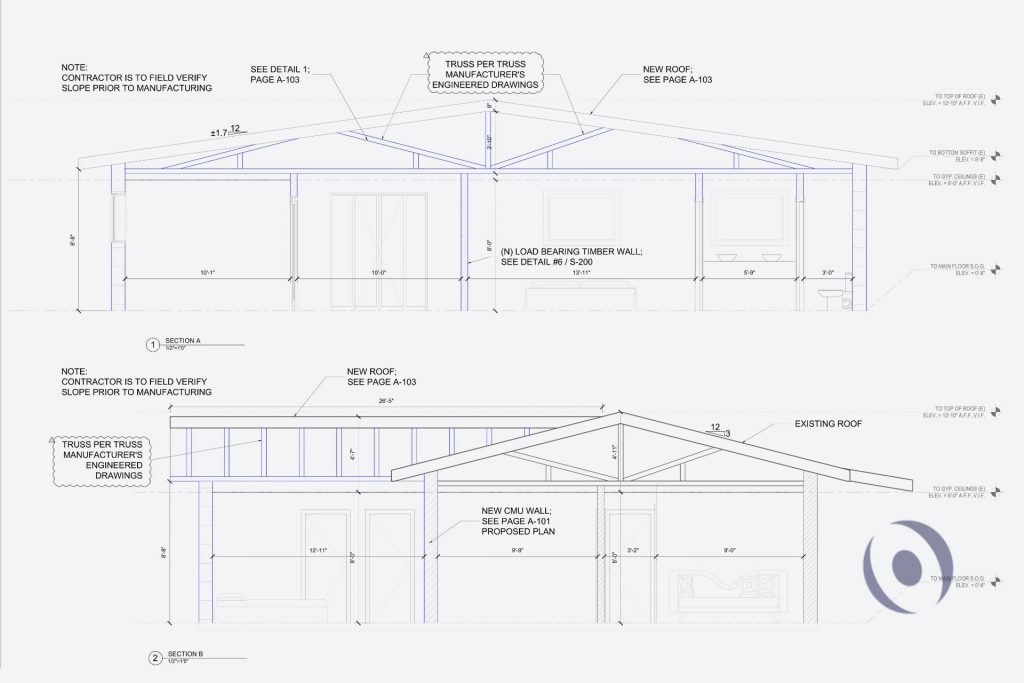 Architectural building sections for residential home addition in Miami Gardens showing new roof truss framing, load bearing timber wall, new CMU wall construction, existing roof connection, soffit and ceiling heights, and structural coordination between existing and new addition designed by NOHMIS South Florida