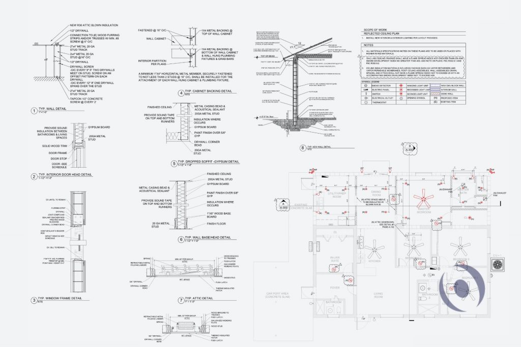 Architectural construction details and reflected ceiling plan for residential home addition in Miami-Dade County showing wall assembly details, window frame sections, interior door head detail, cabinet backing, dropped soffit, attic access, and interior lighting layout designed by NOHMIS South Florida