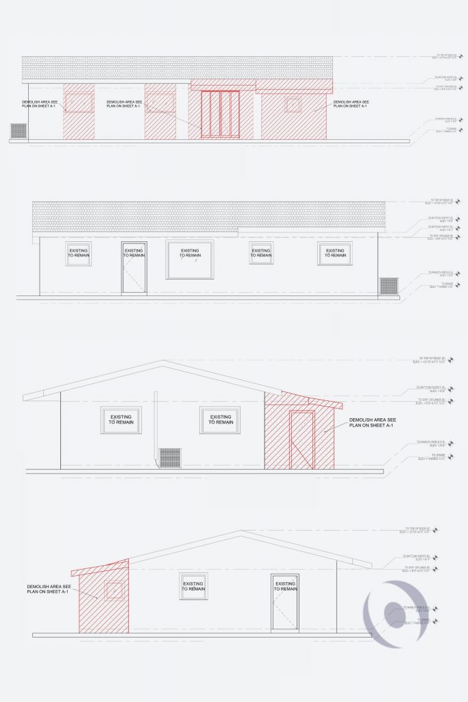 Architectural building elevations for single-family residential addition in Miami-Dade County showing all four facade views with existing conditions, demolition areas, roof line, soffit heights, and finished floor elevations designed by NOHMIS South Florida