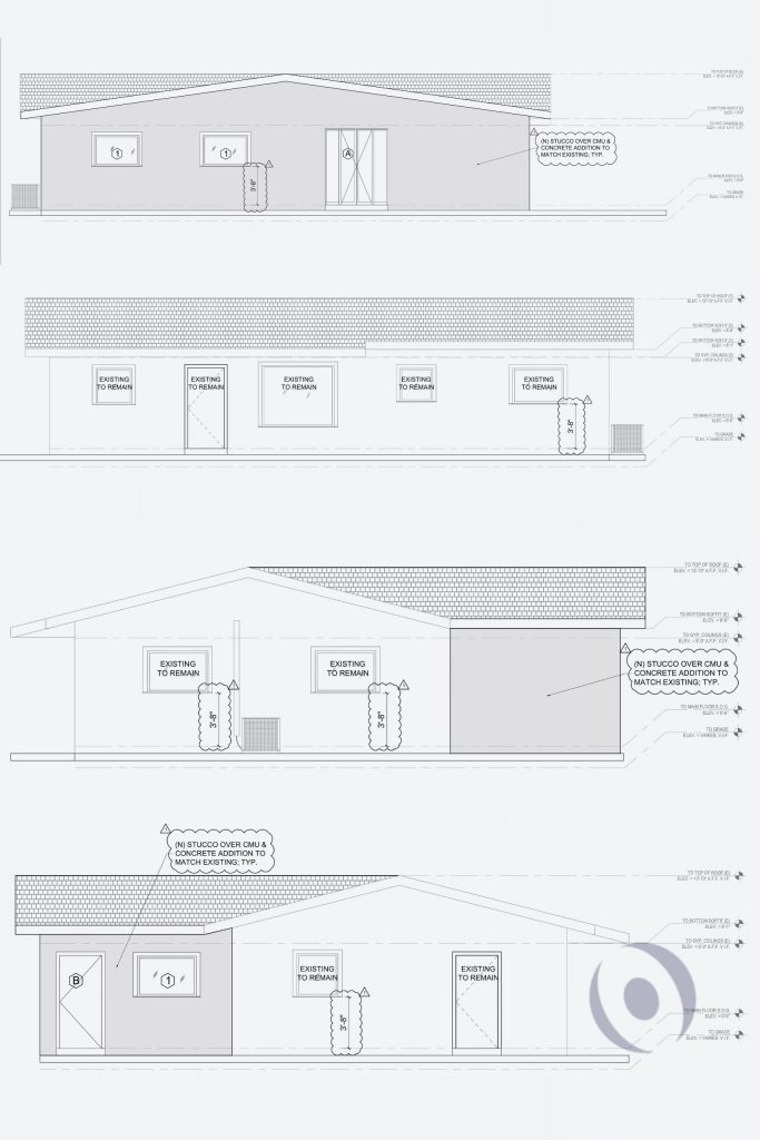 Proposed architectural building elevations for residential home addition in Miami Gardens showing all four facades with new CMU and concrete stucco addition matching existing structure, soffit heights, roof line, and finished floor elevations designed by NOHMIS South Florida